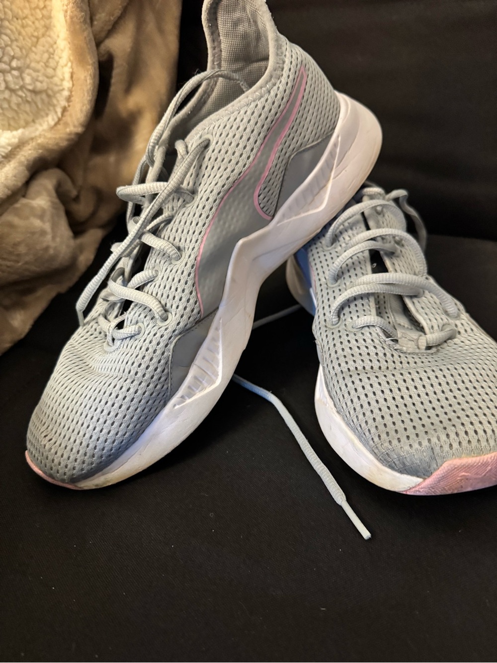 Puma Women's Light Gray Mesh Sneakers with Pink Trim